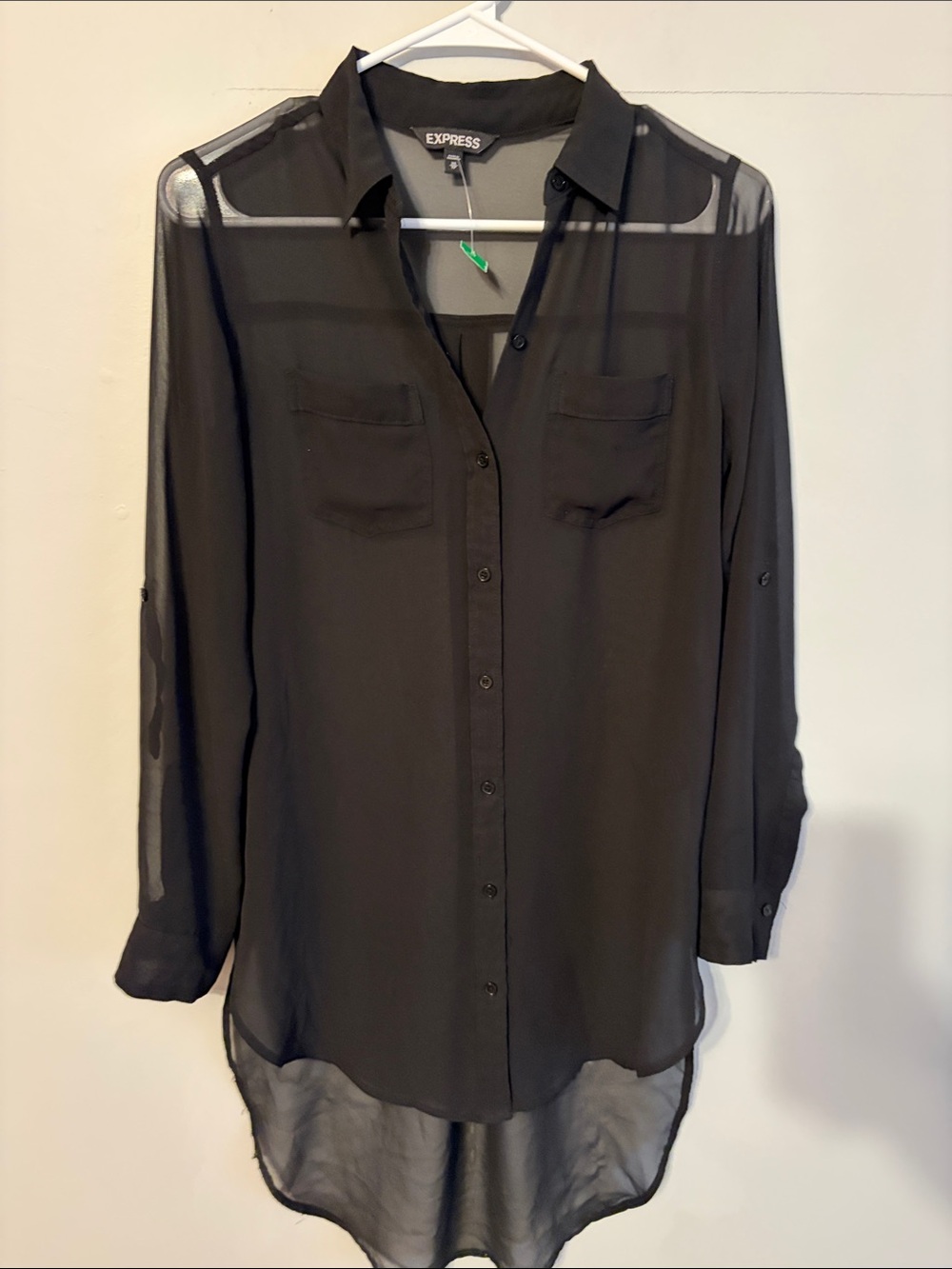 Express Black Sheer Longline Button-Up Shirt. XS. 💯 polyester.